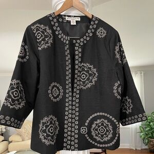 David Brooks women’s black and white white embroidered silk long sleeve jacket
